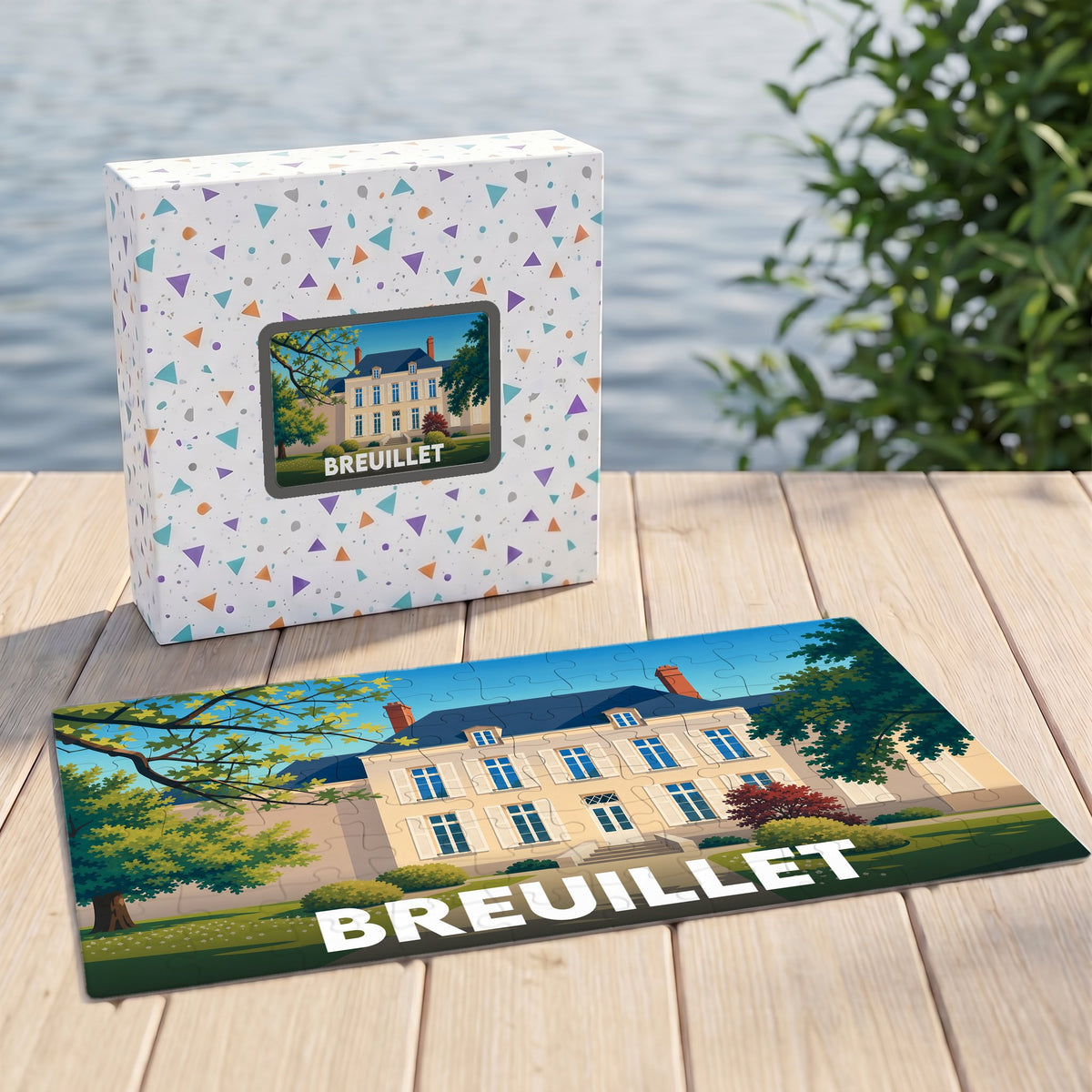 Puzzle souvenir de la ville de Breuillet avec une illustration stylisée de son château.