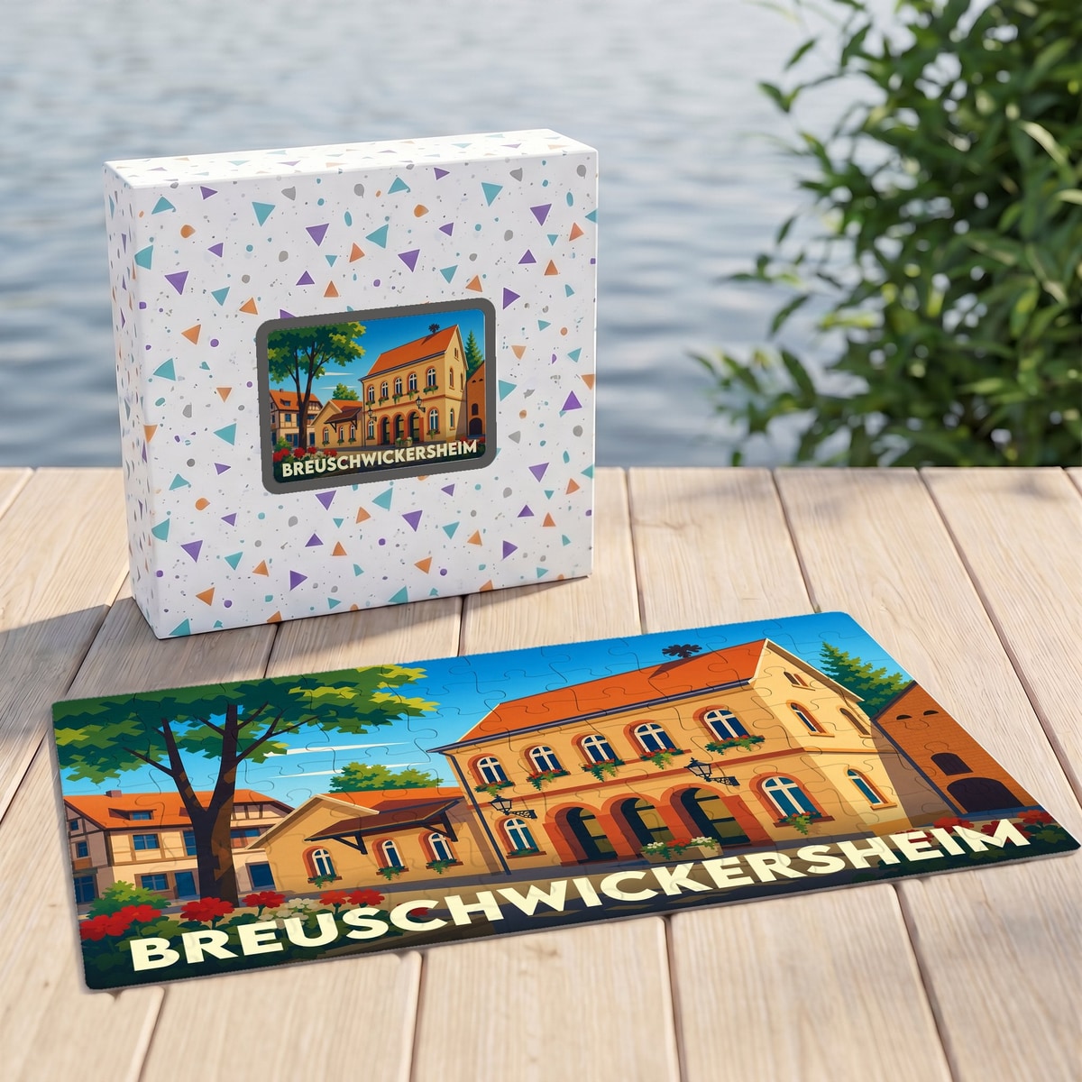 Puzzle souvenir de la ville de Breuschwickersheim avec une illustration stylisée d'un bâtiment traditionnel.