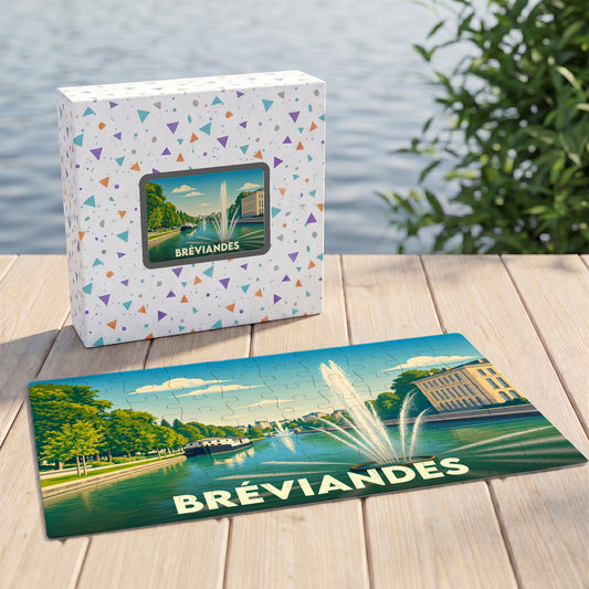 Puzzle souvenir de la ville de Bréviandes avec une illustration stylisée d'un parc au bord de l'eau.