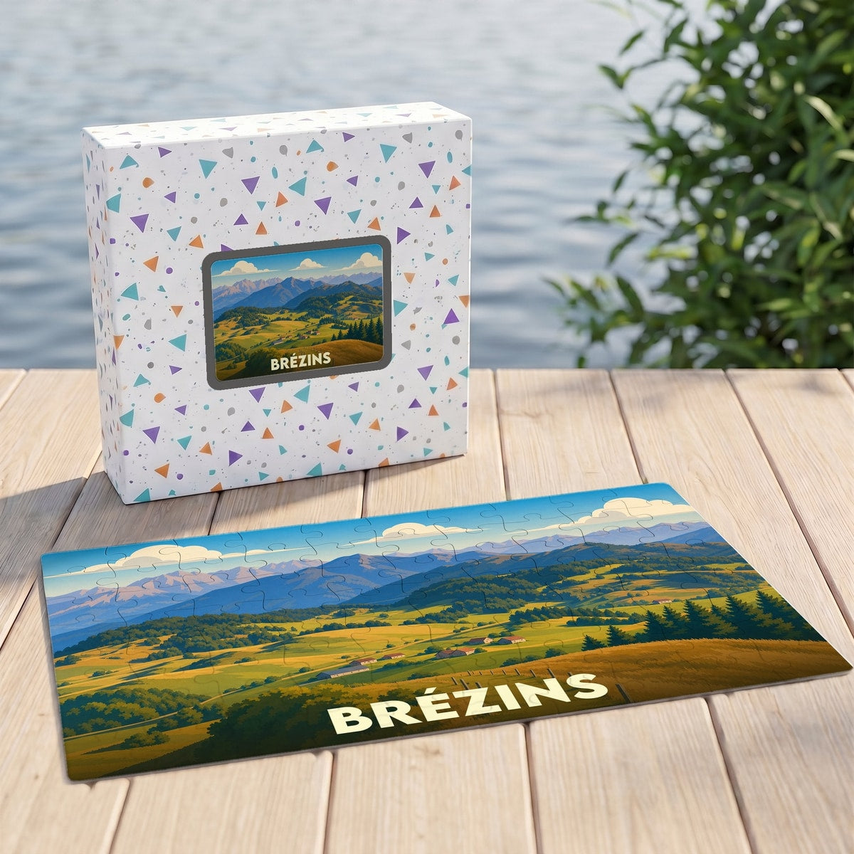Puzzle souvenir de la ville de Brézins avec une illustration stylisée de paysages montagneux.