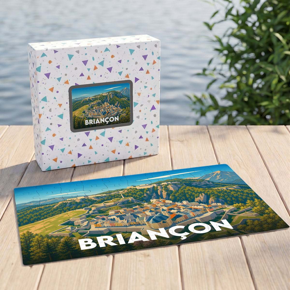 Puzzle souvenir de la ville de Briançon avec une illustration stylisée des fortifications et de la cité.