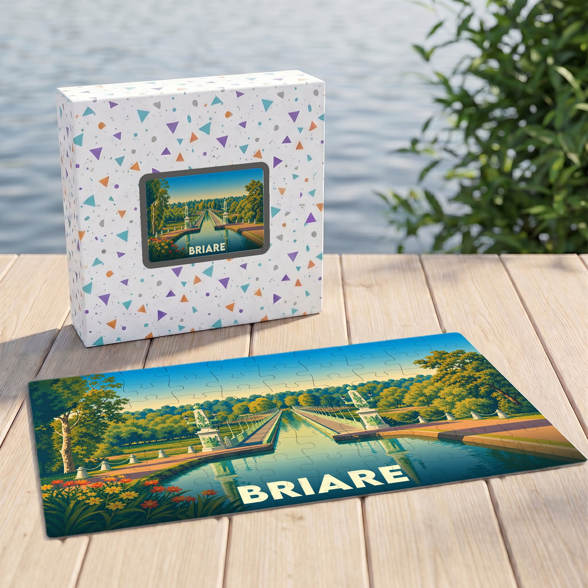 Puzzle souvenir de la ville de Briare avec une illustration stylisée d'un canal et de ses jardins.