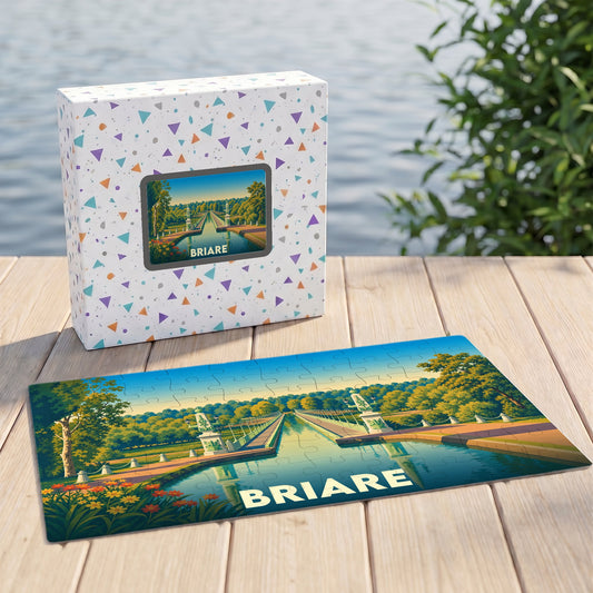 Puzzle souvenir de la ville de Briare avec une illustration stylisée d'un canal et de ses jardins.