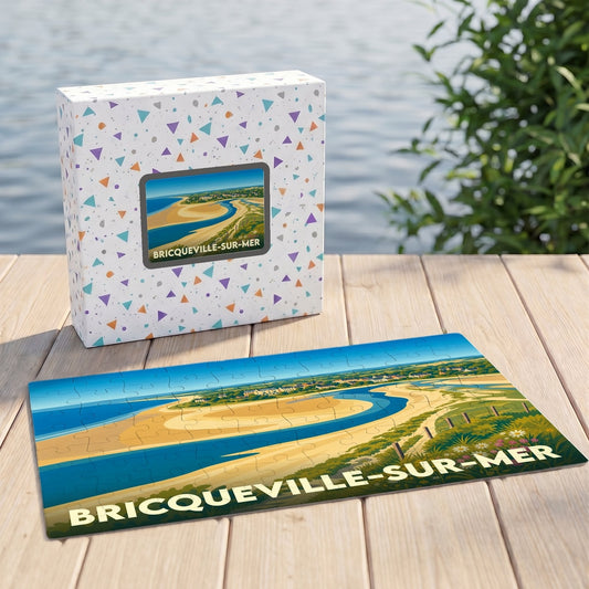Puzzle souvenir de la ville de Bricqueville-sur-Mer avec une illustration stylisée de son paysage côtier.