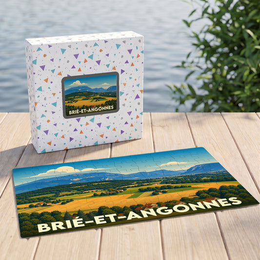Puzzle souvenir de la ville de Brié-et-Angonnes avec une illustration stylisée de paysages vallonnés.