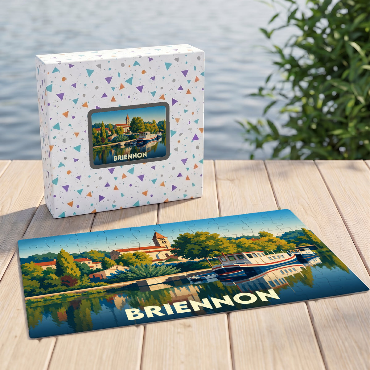 Puzzle souvenir de la ville de Briennon avec une illustration stylisée de son port et de son église.