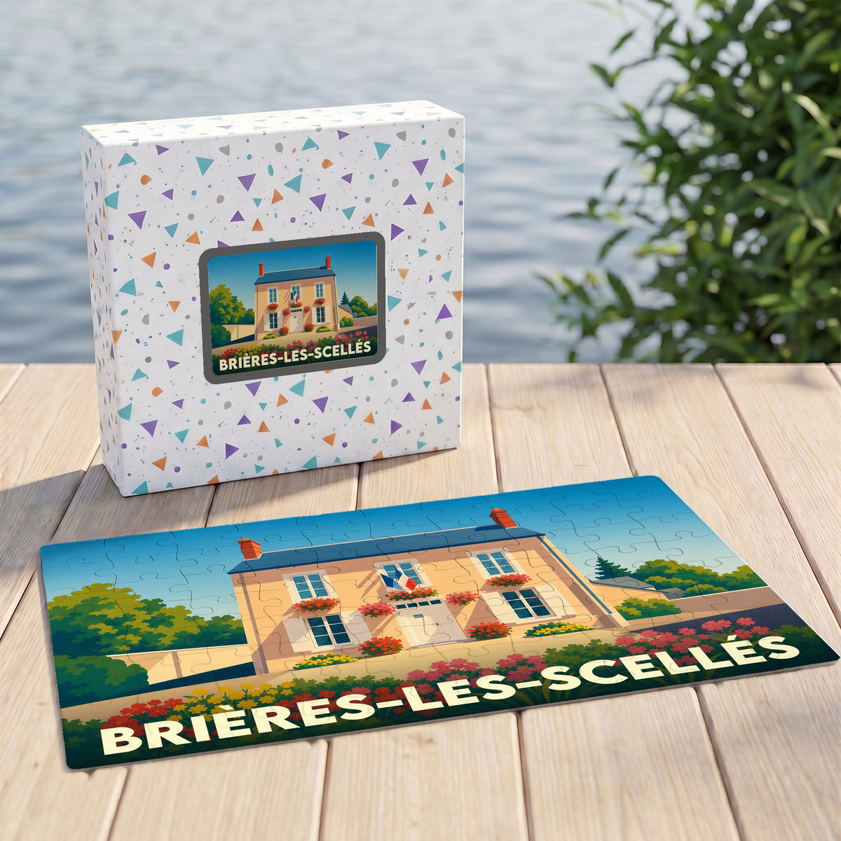 Puzzle souvenir de la ville de Brières-les-Scellés avec son illustration stylisée et sa boîte assortie.