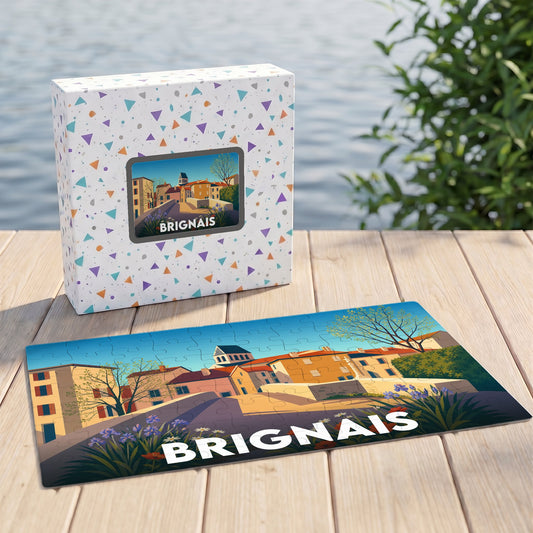 Puzzle souvenir de la ville de Brignais avec une illustration stylisée et colorée.