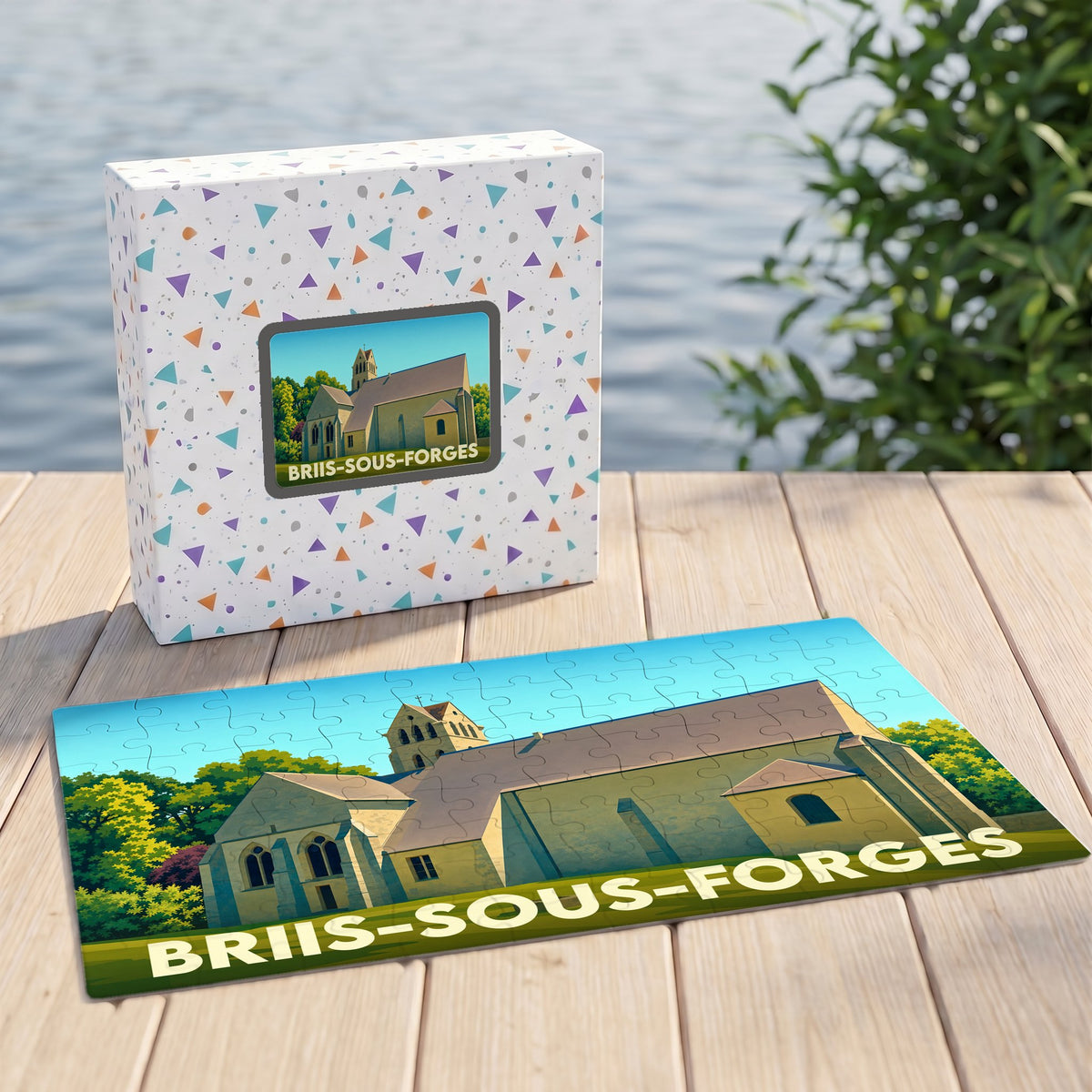 Puzzle souvenir de la ville de Briis-sous-Forges avec une illustration stylisée de son église.