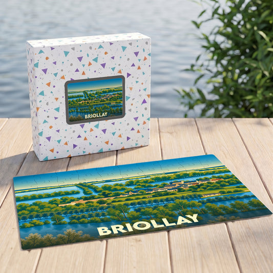 Puzzle souvenir de la ville de Briollay avec une illustration paysagère stylisée.