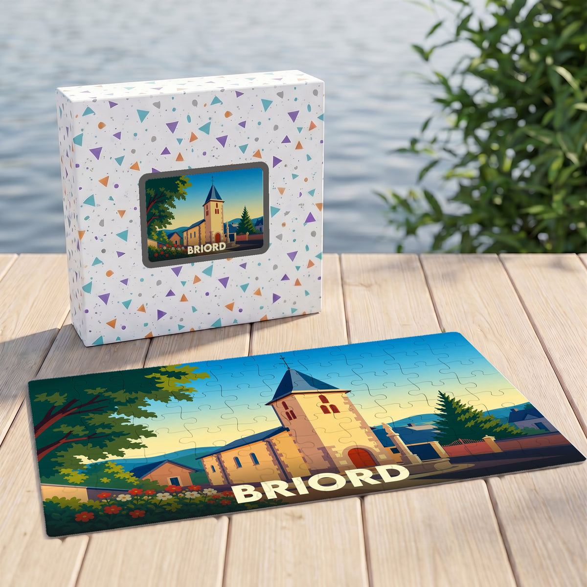 Puzzle souvenir de la ville de Briord avec une illustration stylisée de son église.