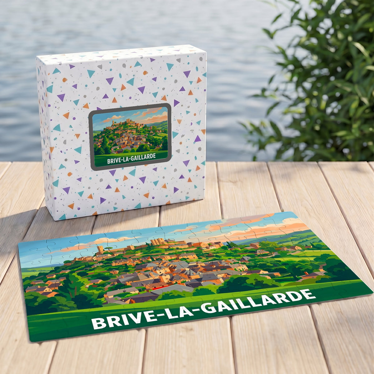 Puzzle souvenir de la ville de Brive-la-Gaillarde avec une illustration colorée et stylisée de son paysage urbain.