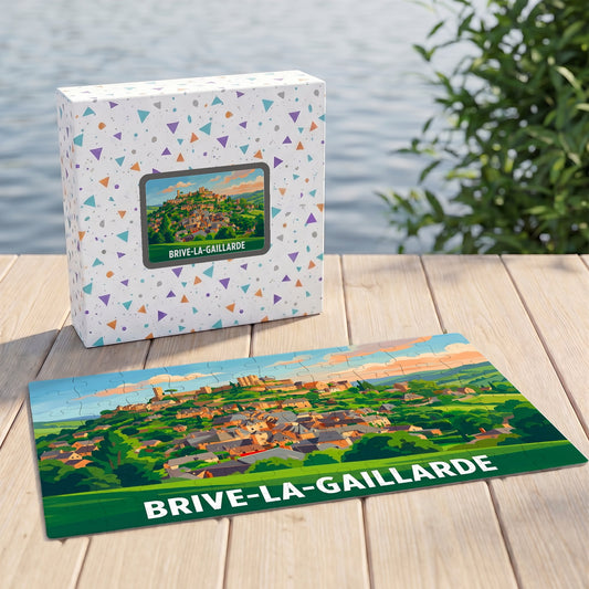 Puzzle souvenir de la ville de Brive-la-Gaillarde avec une illustration colorée et stylisée de son paysage urbain.
