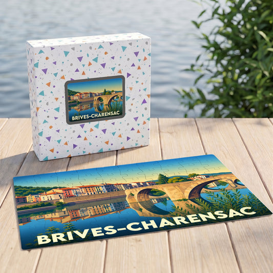Puzzle souvenir de la ville de Brives-Charensac avec une illustration stylisée de son pont historique.