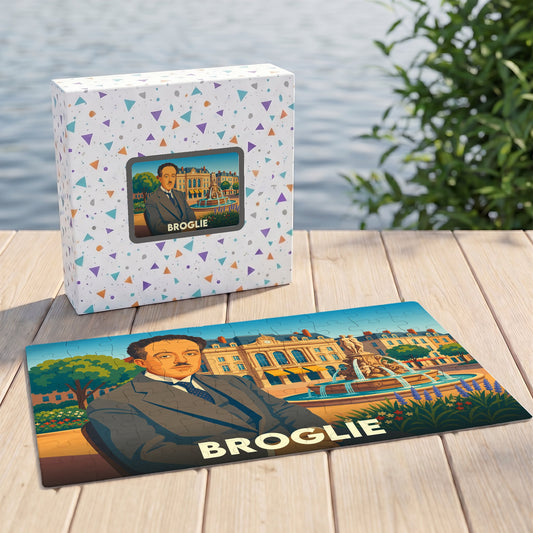 Puzzle souvenir de la ville de Broglie avec une illustration stylisée d'un portrait et d'un bâtiment historique.