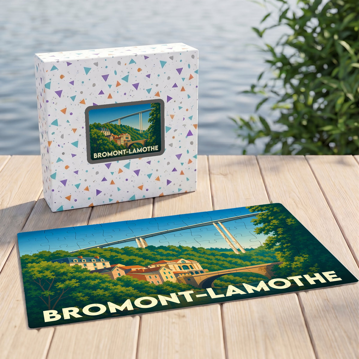 Puzzle souvenir de la ville de Bromont-Lamothe avec une illustration stylisée d'un viaduc et de son paysage.