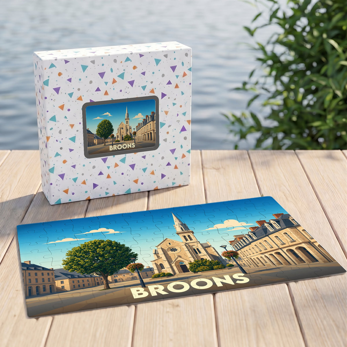 Puzzle souvenir de la ville de Broons avec une illustration stylisée de son église et de sa place.