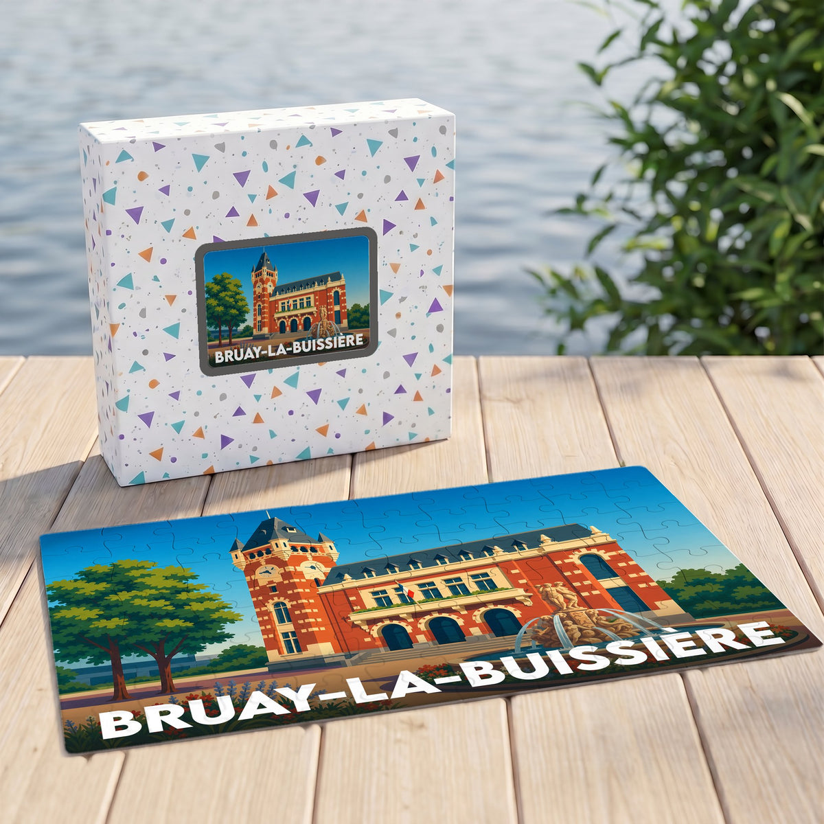 Puzzle souvenir de la ville de Bruay-la-Buissière avec une illustration stylisée de son hôtel de ville.