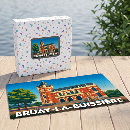 Puzzle souvenir de la ville de Bruay-la-Buissière avec une illustration stylisée de son hôtel de ville.