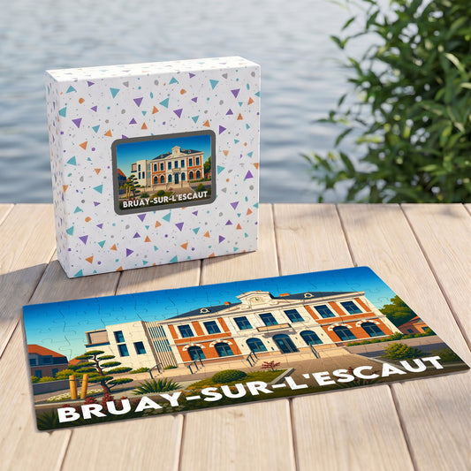 Puzzle souvenir de la ville de Bruay-sur-l'Escaut avec une illustration stylisée de son hôtel de ville.