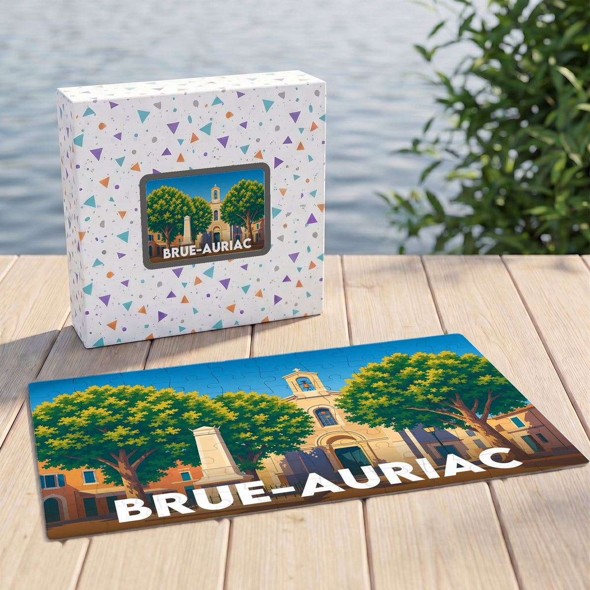 Puzzle souvenir de la ville de Brue-Auriac avec une illustration stylisée et colorée.