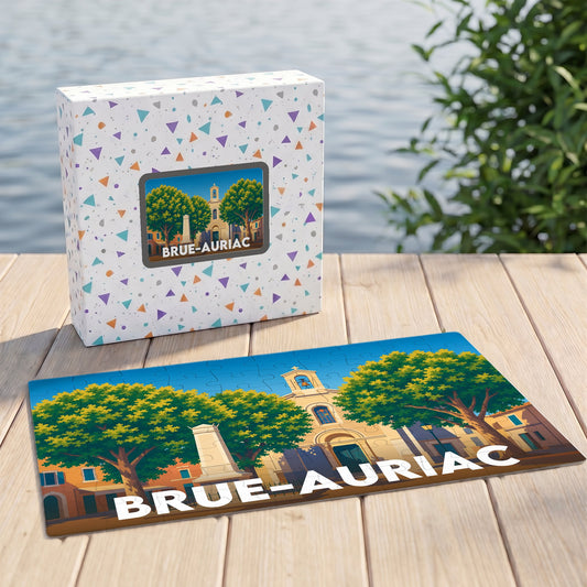 Puzzle souvenir de la ville de Brue-Auriac avec une illustration stylisée et colorée.