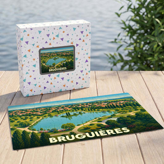 Puzzle souvenir de la ville de Bruguières avec une illustration stylisée représentant un lac et son parc verdoyant.