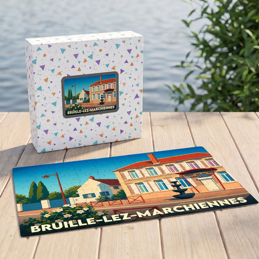 Puzzle souvenir de la ville de Bruille-lez-Marchiennes avec une illustration stylisée et colorée.