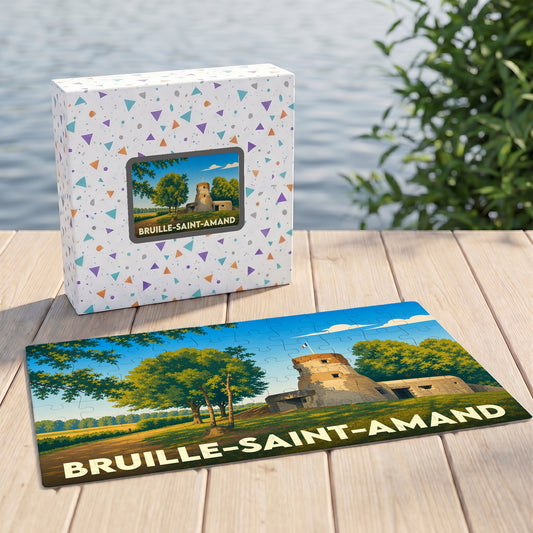 Puzzle souvenir de la ville de Bruille-Saint-Amand avec une illustration stylisée d'un fort.