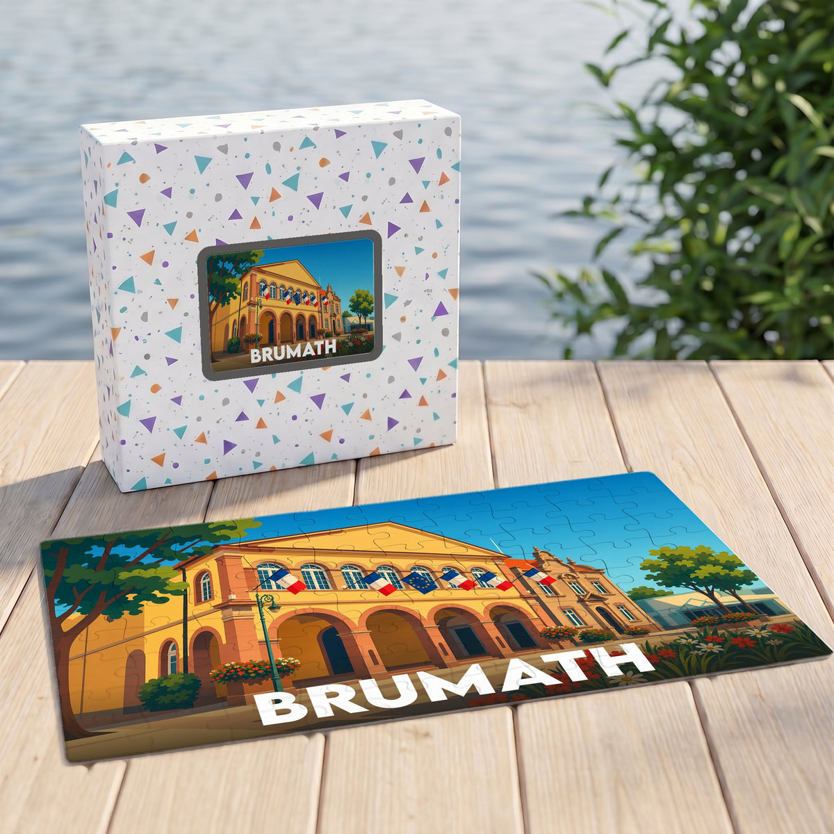Puzzle souvenir de la ville de Brumath avec une illustration stylisée du bâtiment de la mairie.