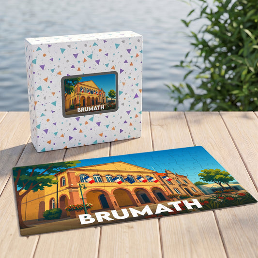 Puzzle souvenir de la ville de Brumath avec une illustration stylisée du bâtiment de la mairie.