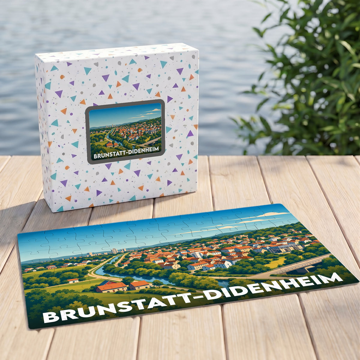 Puzzle souvenir de la ville de Brunstatt-Didenheim avec une illustration panoramique stylisée.
