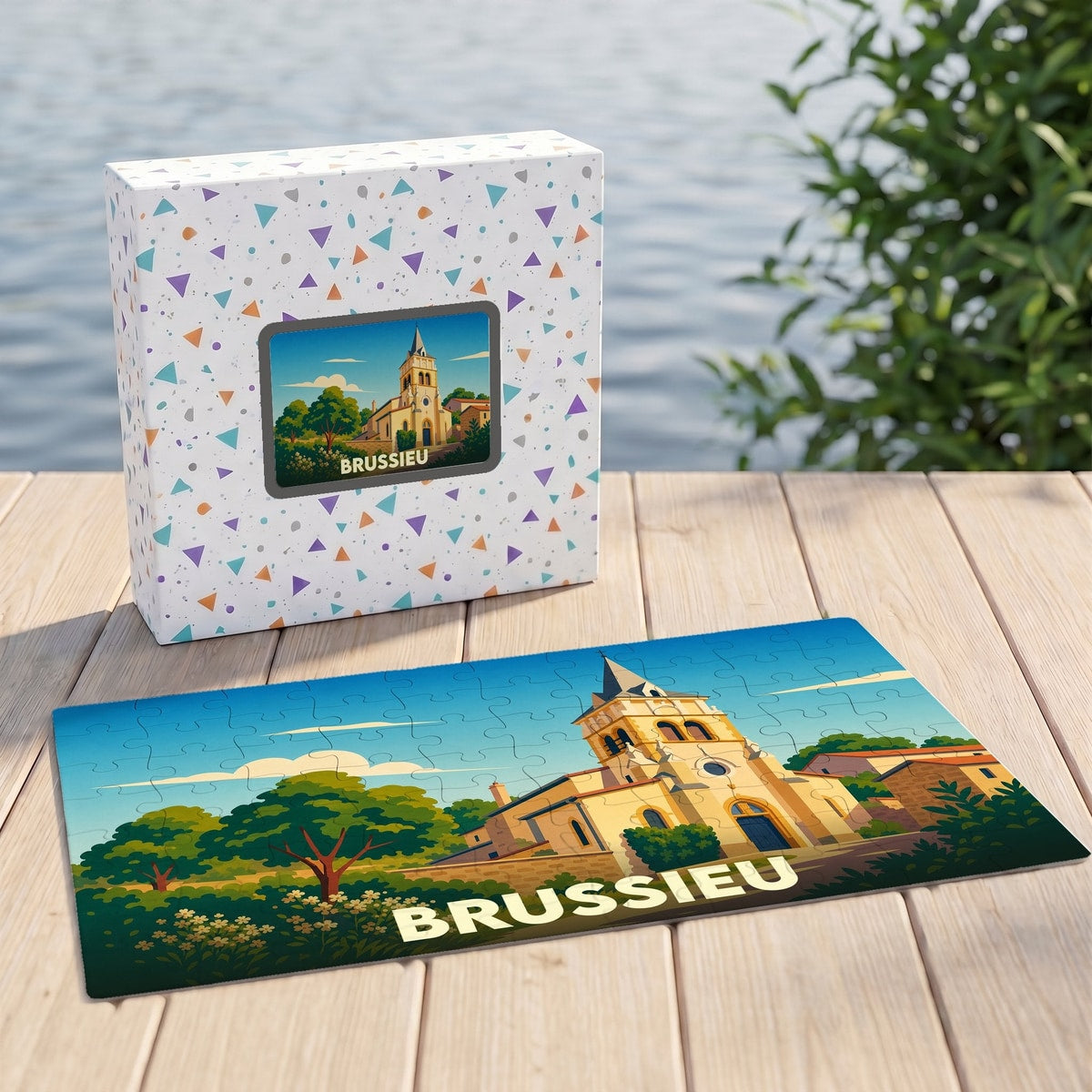 Puzzle souvenir de la ville de Brussieu avec une illustration stylisée d'une église sous un ciel bleu.