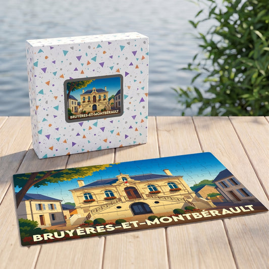 Puzzle souvenir de la ville de Bruyères-et-Montbérault avec une illustration stylisée de son hôtel de ville.