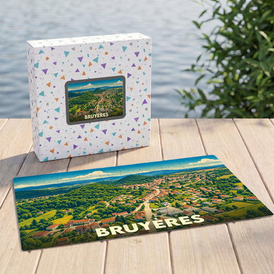 Puzzle souvenir de la ville de Bruyères avec une illustration stylisée d'un paysage urbain et verdoyant.