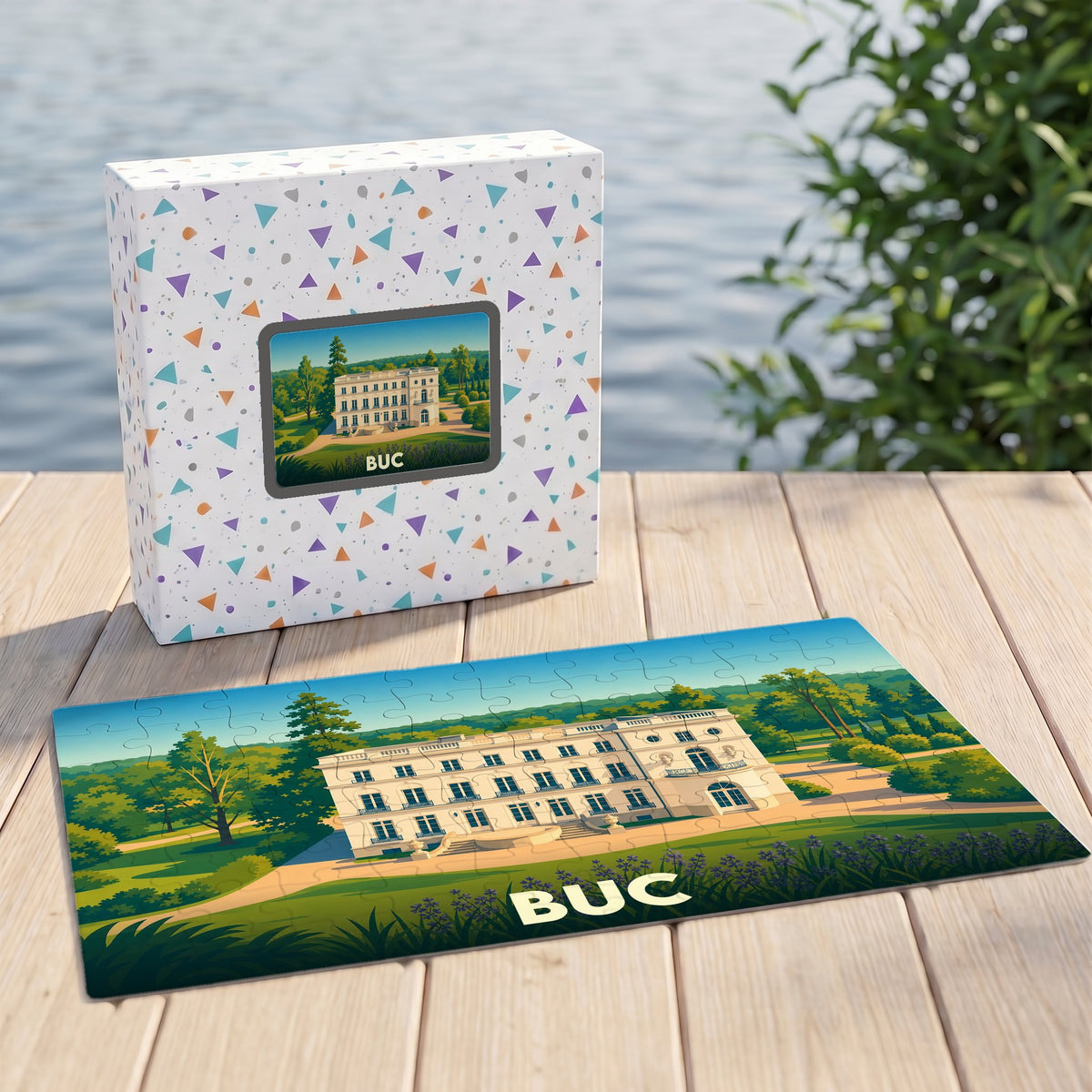 Puzzle souvenir de la ville de Buc avec une illustration stylisée d'un château.