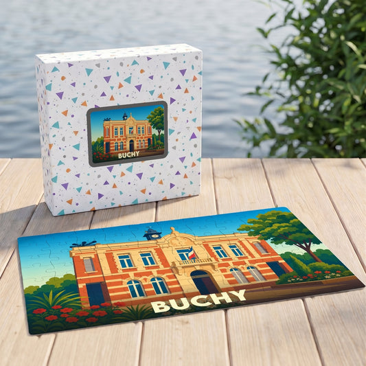Puzzle souvenir de la ville de Buchy avec une illustration stylisée de sa mairie.