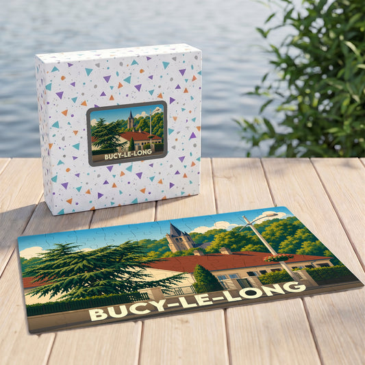 Puzzle souvenir de la ville de Bucy-le-Long avec une illustration stylisée et colorée.