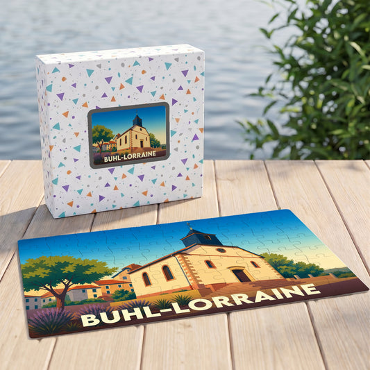Puzzle souvenir de la ville de Buhl-Lorraine avec une illustration stylisée d'une église locale.