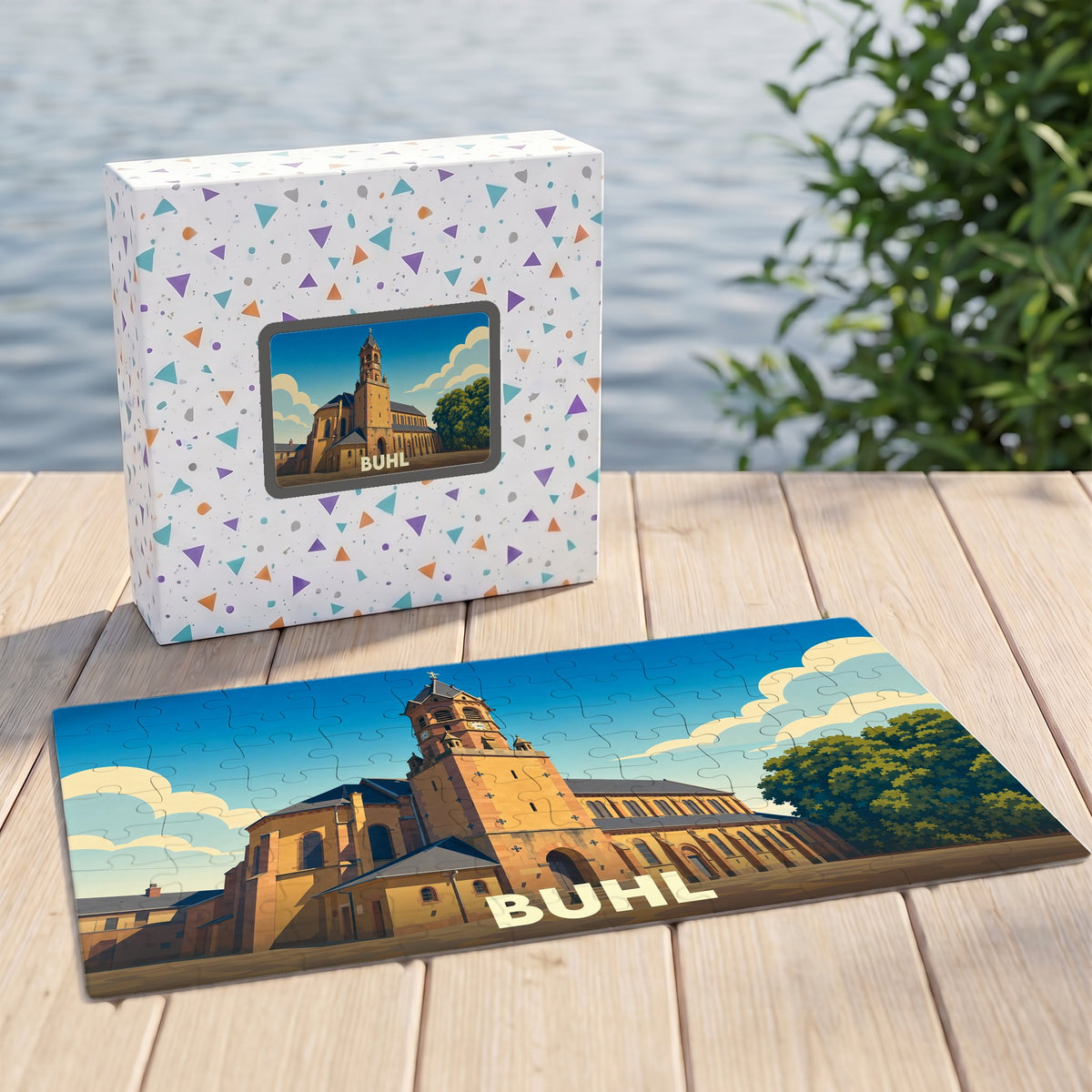 Puzzle souvenir de la ville de Buhl avec une illustration stylisée de son église.