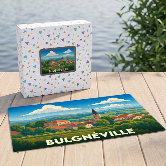 Puzzle souvenir de la ville de Bulgnéville avec une illustration stylisée de son paysage urbain et verdoyant.