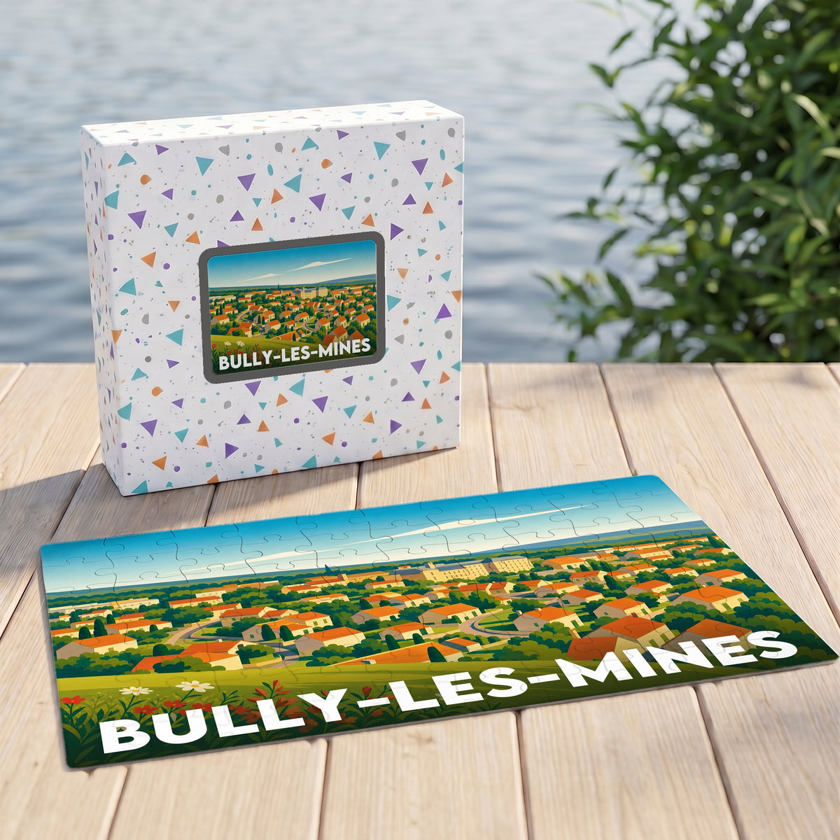 Puzzle souvenir de la ville de Bully-les-Mines avec une illustration panoramique stylisée.