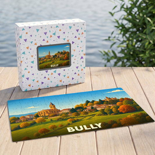 Puzzle souvenir de la ville de Bully avec une illustration stylisée de son paysage et de son église.