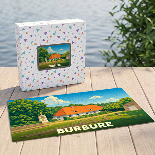 Puzzle souvenir de la ville de Burbure avec une illustration colorée et champêtre.