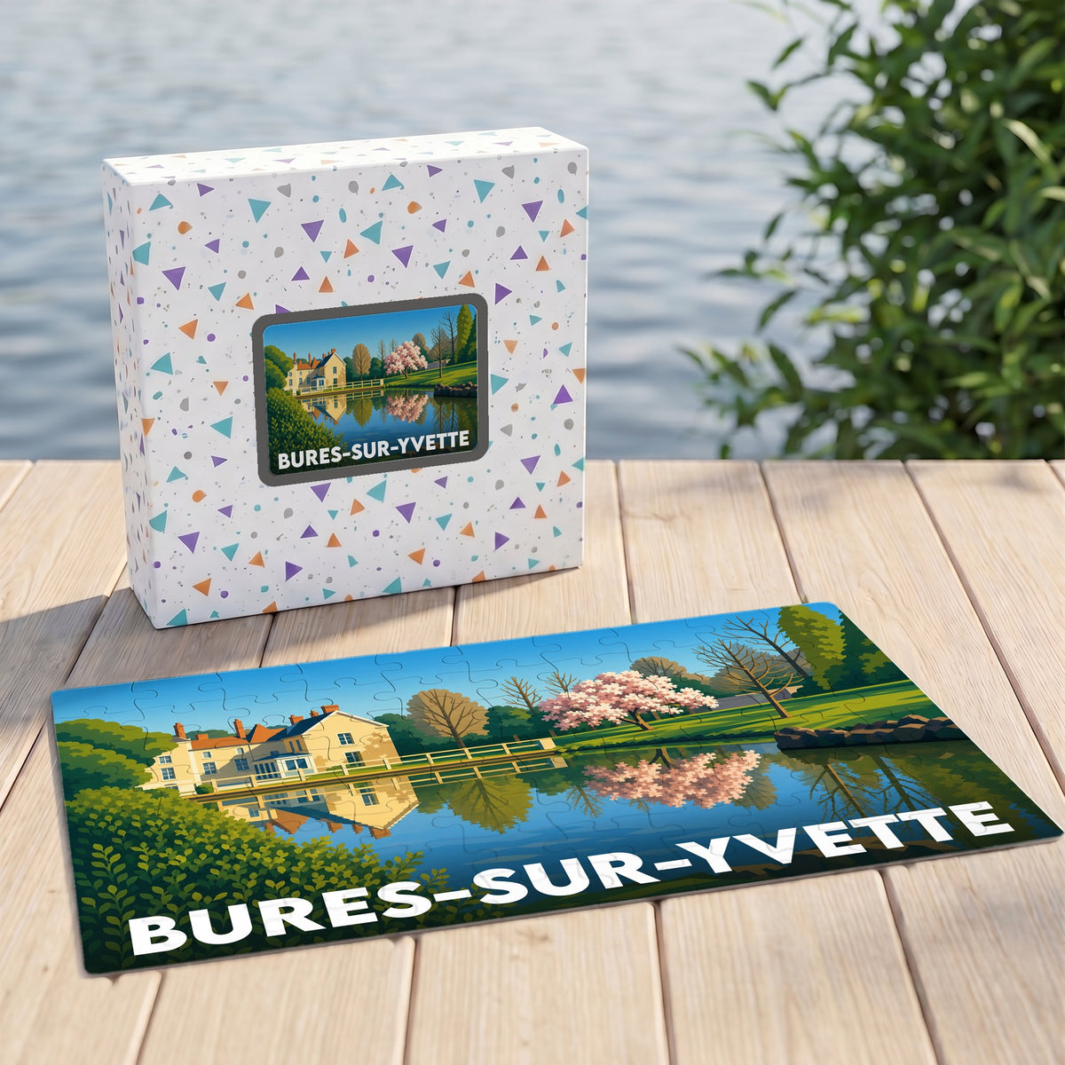 Puzzle souvenir de la ville de Bures-sur-Yvette avec une illustration stylisée d'un paysage de bord d'eau.