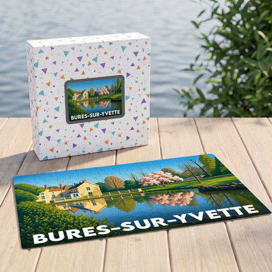 Puzzle souvenir de la ville de Bures-sur-Yvette avec une illustration stylisée d'un paysage de bord d'eau.