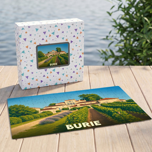 Puzzle souvenir de la ville de Burie représentant un domaine viticole avec une illustration stylisée.
