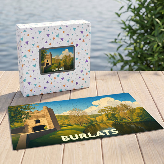 Puzzle souvenir de la ville de Burlats illustré par un paysage stylisé au bord de l'eau.