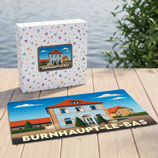 Puzzle souvenir de la ville de Burnhaupt-le-Bas avec une illustration stylisée.