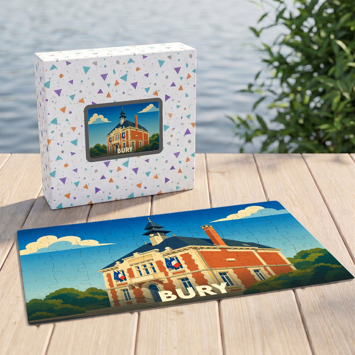 Puzzle souvenir de la ville de Bury illustrant son hôtel de ville dans un style graphique épuré.